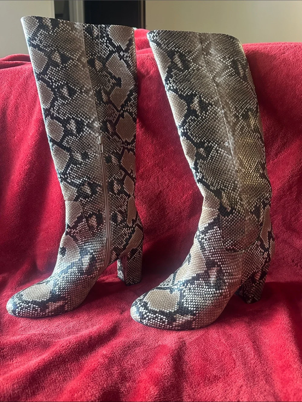 Snake-Print Knee High Women's Boots - Taupe/Black